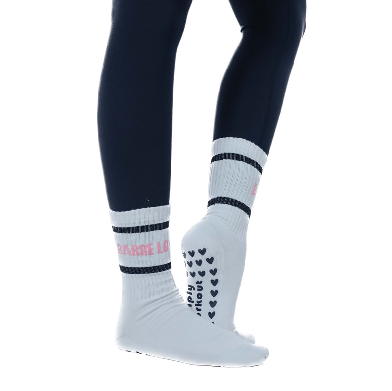 simply workout barre love crew grip socks white