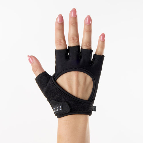 Black half-finger glove on a hand with a white background