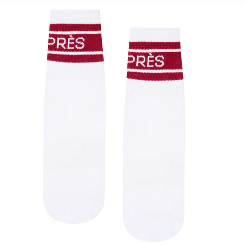 White socks with red bands and text on a white background