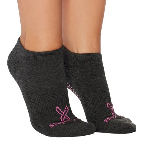 Dark gray ankle socks with a pink logo on a white background
