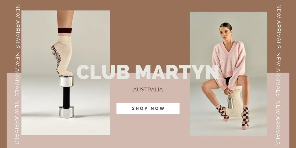 Advertisement for Club Martyn Australia with a woman sitting on a stool and text about new arrivals.