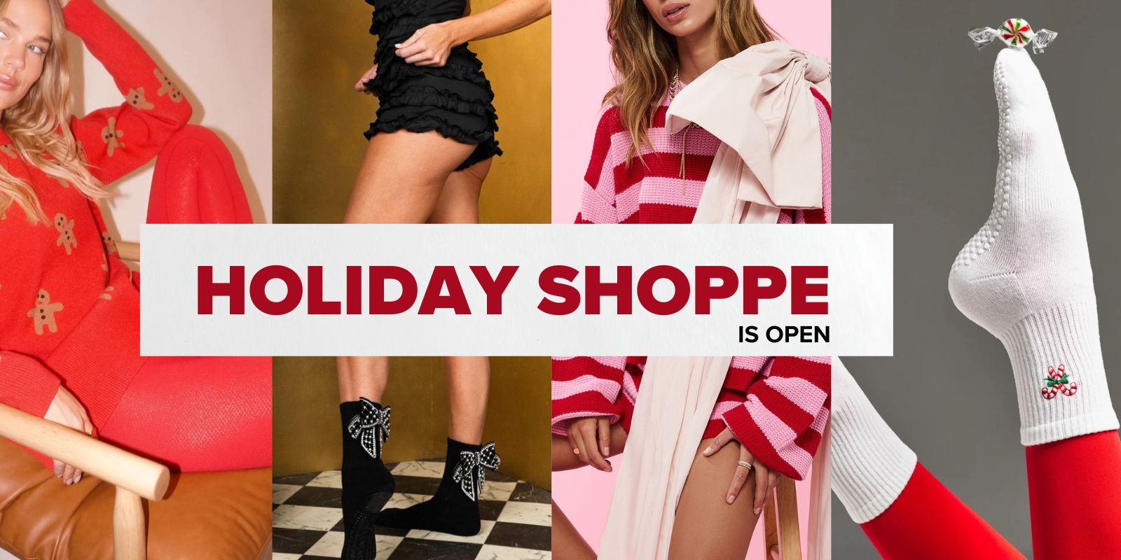 Promotional collage for 'Holiday Shoppe' with fashion items and text overlay.
