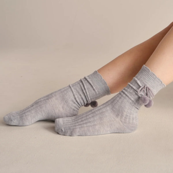Lucky Honey Everyday Pom Pom Bow-No Grip Sock Grey 1