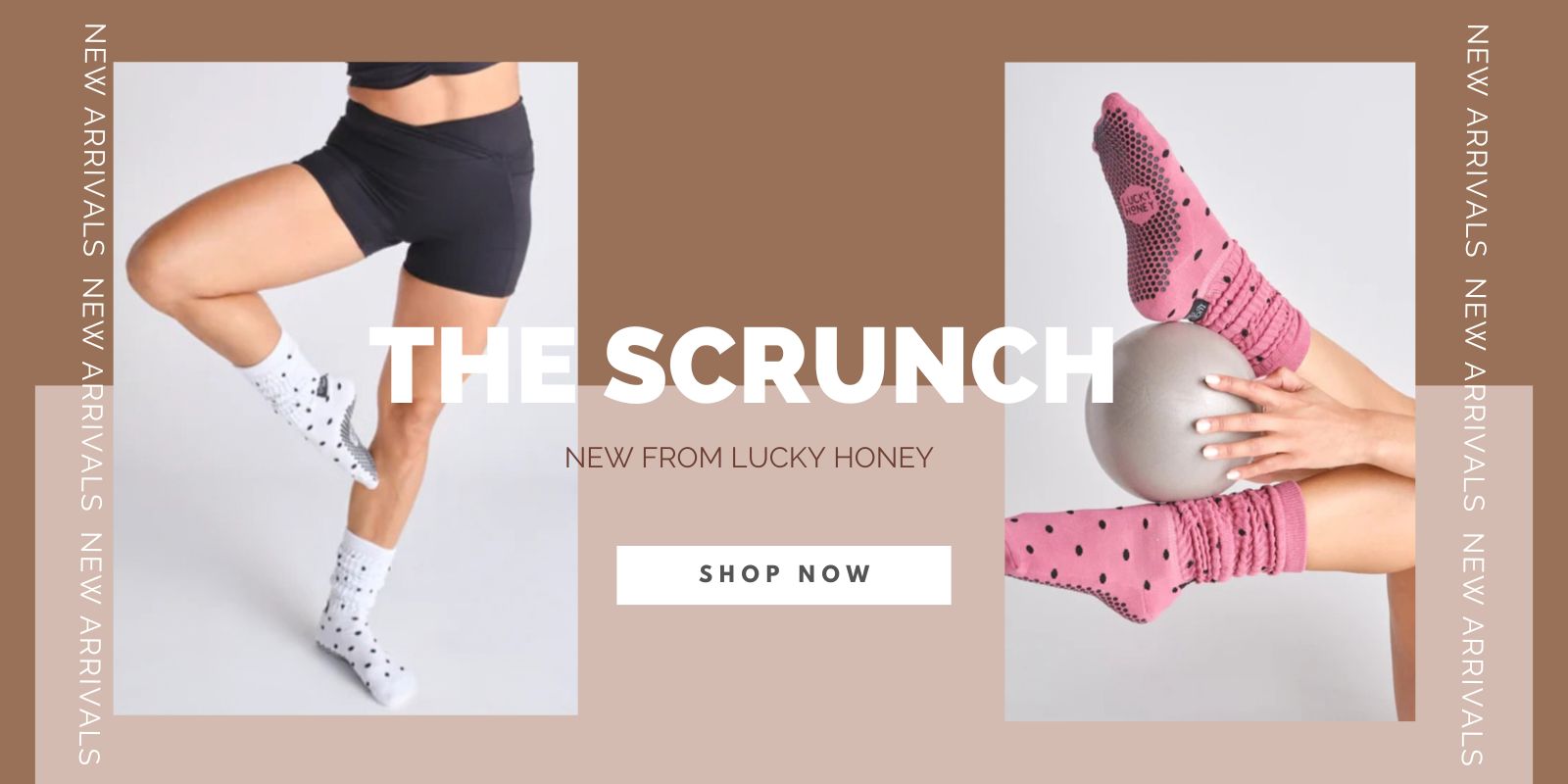 Promotional banner for 'The Scrunch' from Lucky Honey with images of legs wearing black shorts and pink socks.