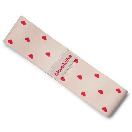 Beige workout band with red heart patterns and 'MoveActive' branding on a white background