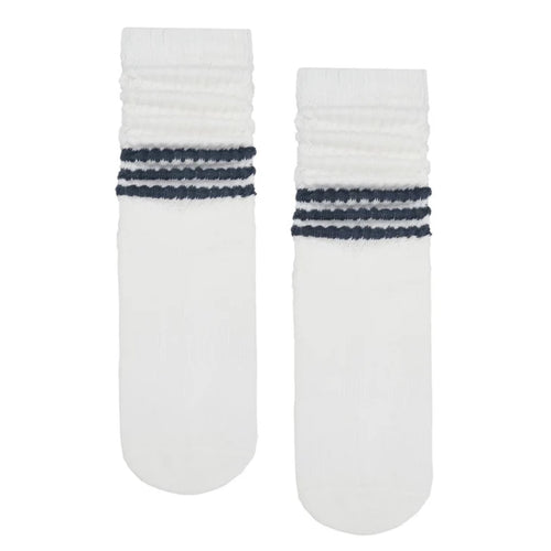 Two white socks with navy blue stripes on a white background