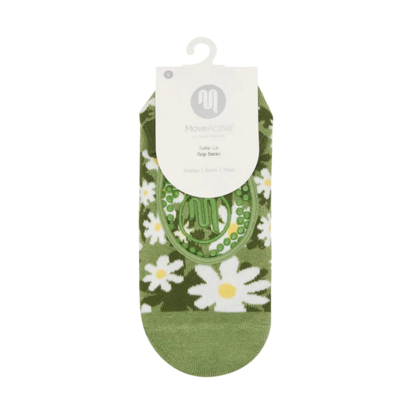 move active daisy floral green grip socks slide on