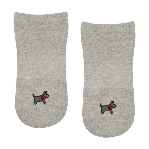 Two gray socks with dog embroidery on a white background