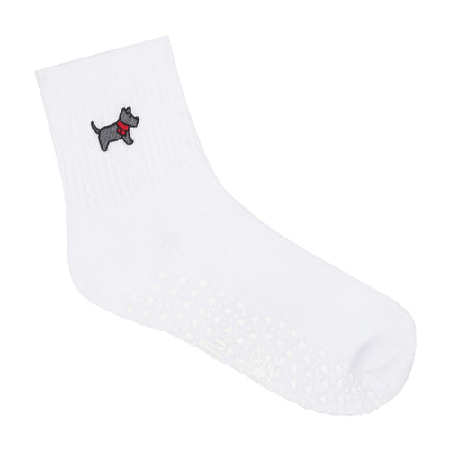 White sock with a small embroidered design on a white background