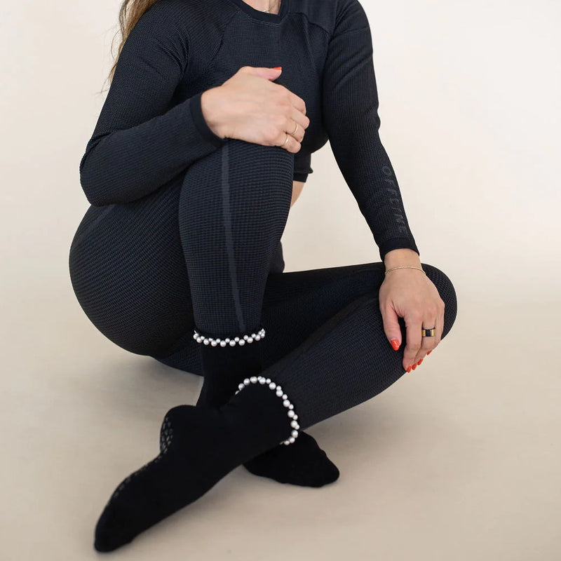 Pretty In Pearls - Black - Crew Grip Sock (Barre / Pilates)