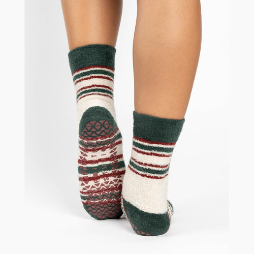 Pair of patterned socks with green, red, and white colors on a white background