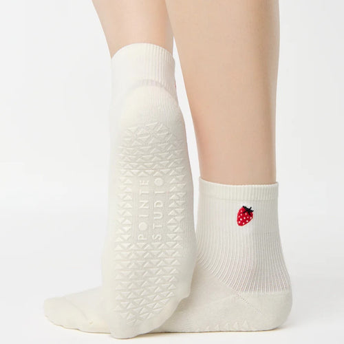 White socks with a strawberry design on a white background