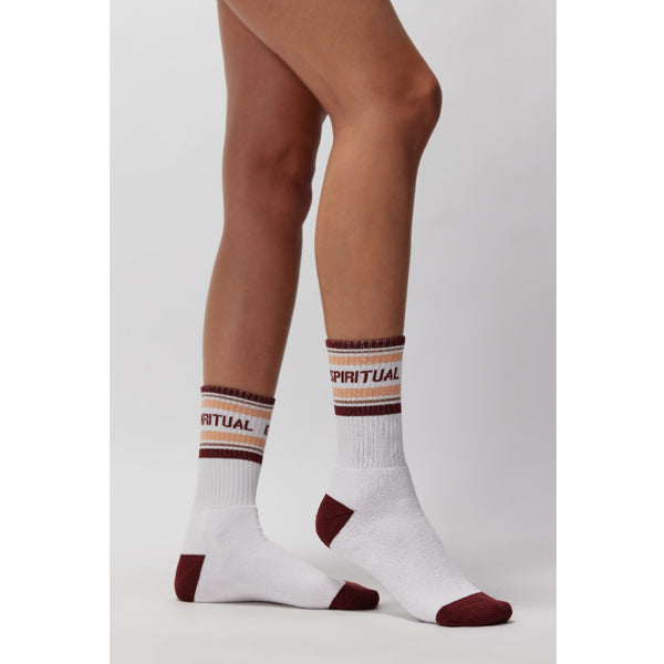 Spiritual Gangster Pure White (maroon tan) Crew Socks