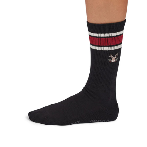 Black sock with red and white stripes on a white background