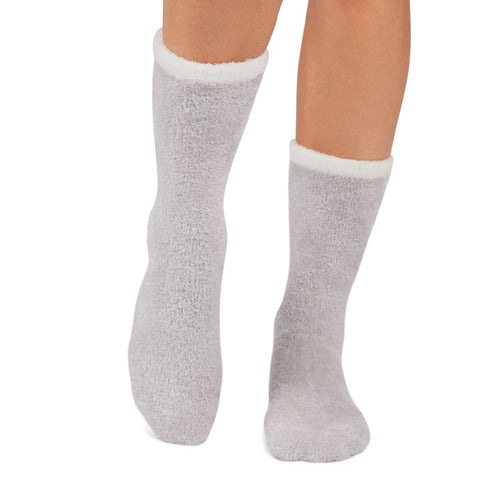 Gray socks with white cuffs and toes on a white background