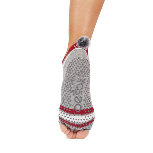 Gray and red foot sleeve with a pom-pom on a white background