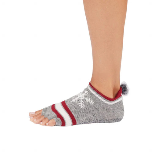 Gray toe sock with red and white accents worn by a person on a white background