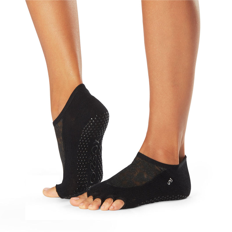 ToeSox S 6-8 Open Toe Grip Low Cut Socks Yoga Pilates Gray Black  Rhinestones
