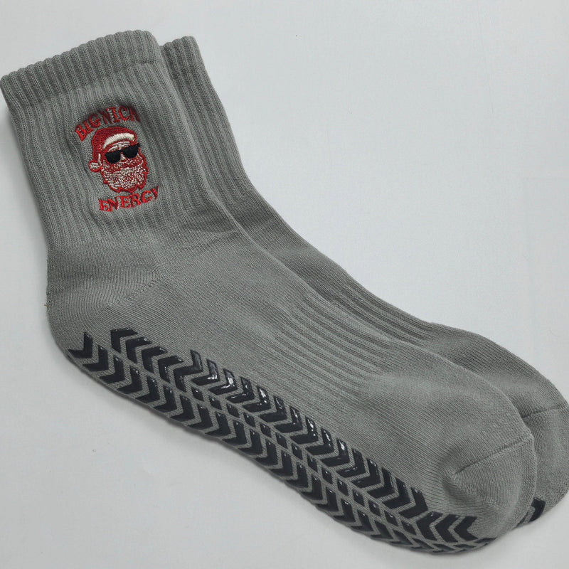 Gray sock with a red logo on a light gray background