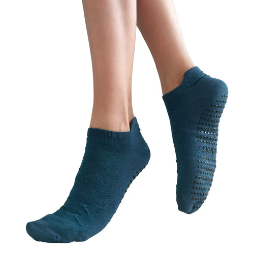 Blue yoga socks with non-slip texture on a white background