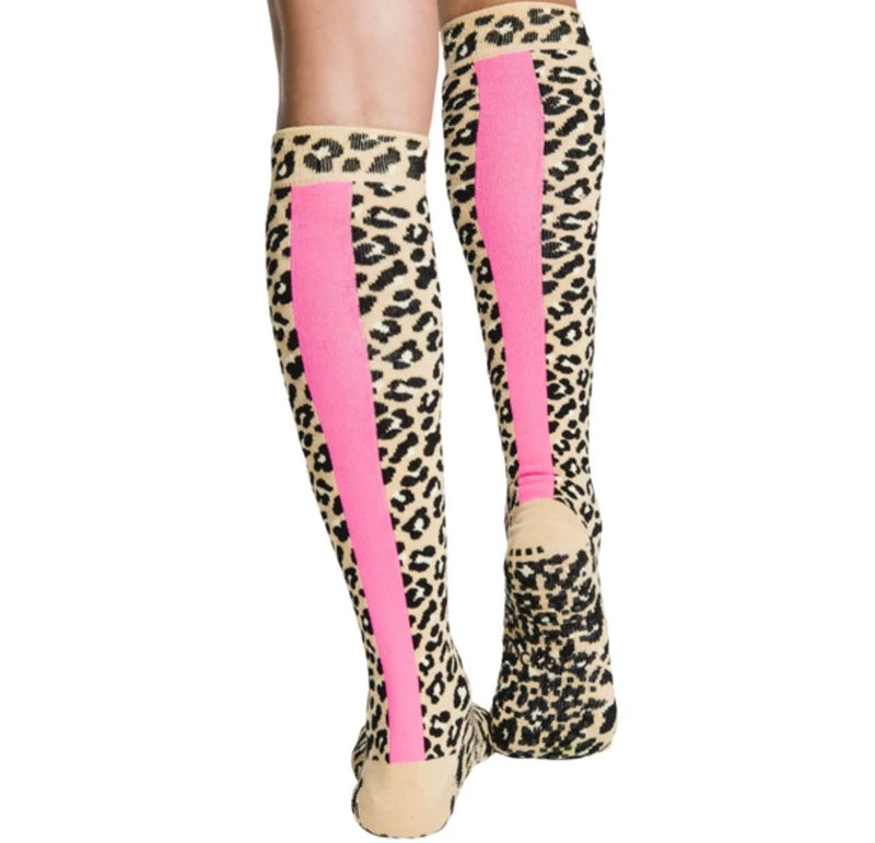 tucketts knee high leopard pink stripe grip socks