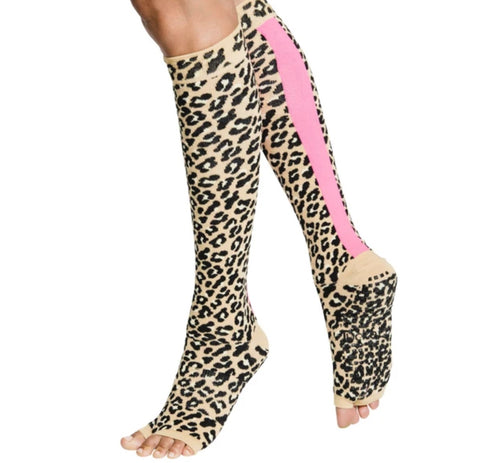 tucketts knee high leopard pink stripe grip socks