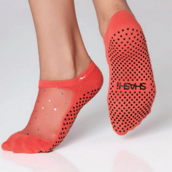 star grip shashi socks in coral for barre and pilates