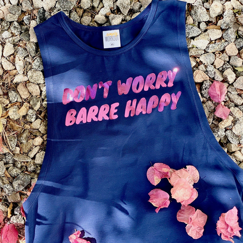 simply workout dont worry barre happy navy pink foil muscle tank