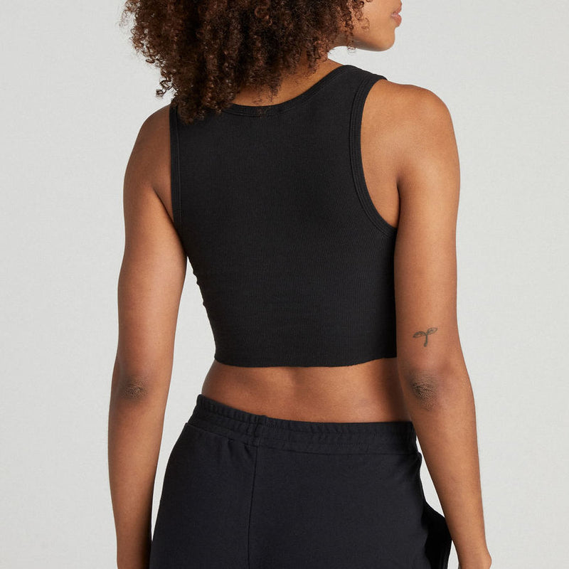 strut this Jetset cropped tank in black ribbed fabric 