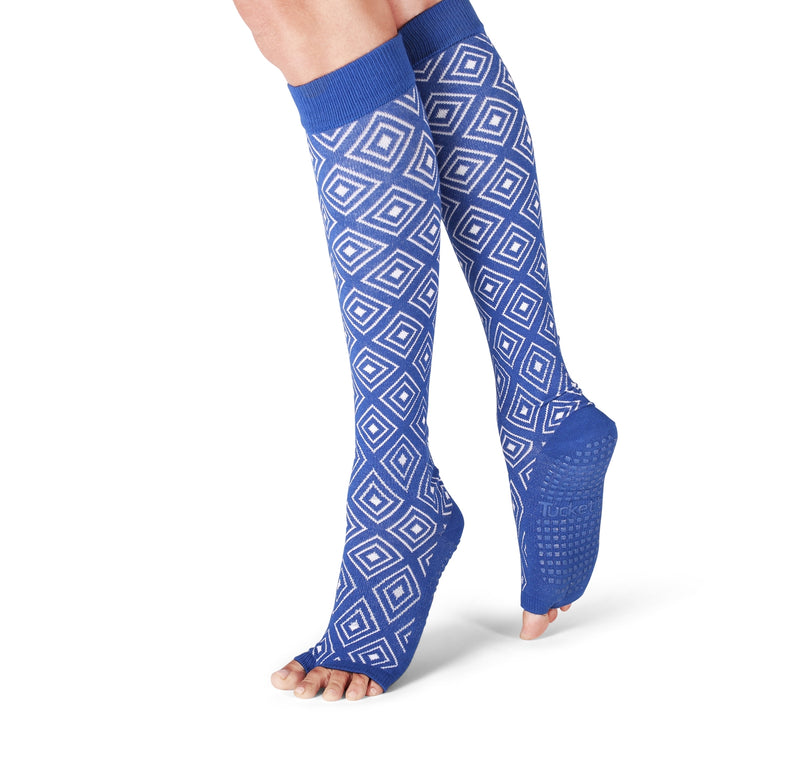 tucketts barre knee high socks open toe geometric print