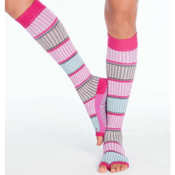 tucketts knee high grip socks black striped pink teal and brown