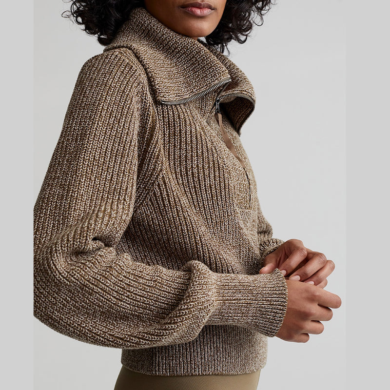 varley Mentone knit dark olive speckle sweater with half zip